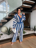 Streiped Sexy Long Sleeve Hollow Sweater 2PCS Set Knitting Cardigan + Pants
