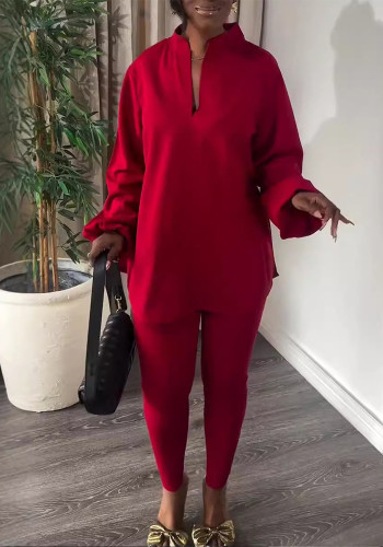 Solid V-Neck Lantern Sleeve Slit Shirt and Tight Pants 2PCS Set
