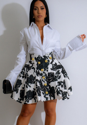 Gold Button Printed Puffy Skirt and Solid Shirt 2PCS Set