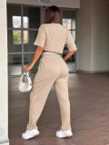 Round Neck short Sleeve Crop Top and Pants 2 piece set