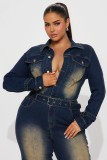 Long Sleeve Denim Stretchy Button Betled Bell Bottom Jumpsuit