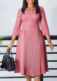 Elegant 3/4 Sleeve Solid Pleated Midi Dress