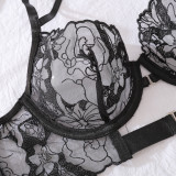 French Garter Lingerie Set Sexy Halter Embroidered Mesh See-Through Splicing Bra Panties Set