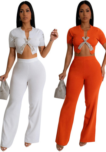 Rhinestone Trim 2-piece Set Short-sleeved Crop Top and Bell Bottom Pants