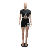 Beaded Cut Out Short Sleeve Top + Shorts Fashion 2PCS Set