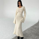 Solid Ruffle Low Back Knitting Flare Sleeve Maxi Casual Dress