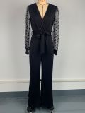Fashion Elegant Jumpsuit with V-Neck Dot Mesh Long Sleeve Belted Straight Leg