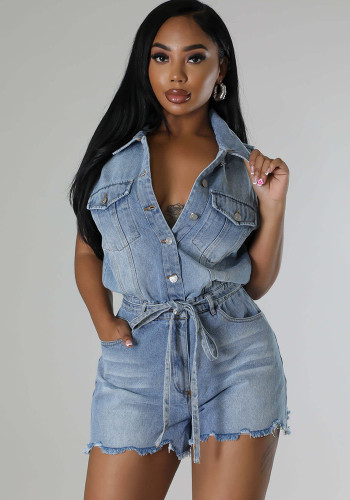 Wholesale Stretchy Short Sleeve Belted Washed Denim Rompers