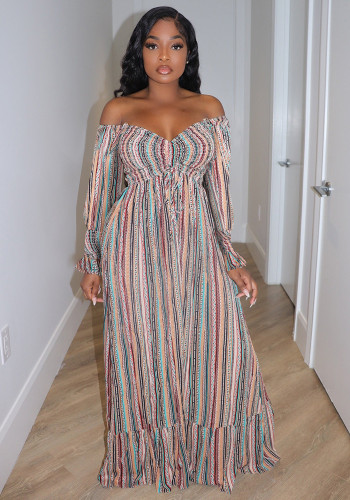 Casual Off Shoulder Long Sleeve Printed Shirred Maxi Dress