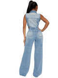 Cut Out Waist Sleeveless Straight Loose Leg Washed Denim Jumpsuit
