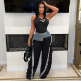 Fashion Denim Patchwork Loose Straight Leg Pants