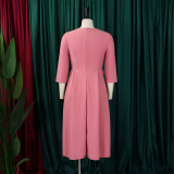 Elegant 3/4 Sleeve Solid Pleated Midi Dress