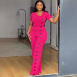 Irregular Neckline Slim Waist Button Trim Short Sleeve Wide Leg Jumpsuit