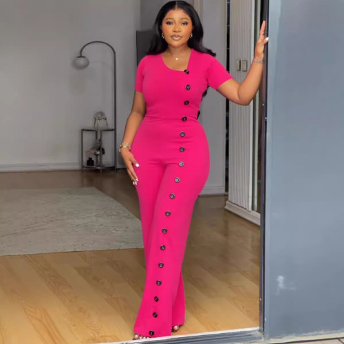 Irregular Neckline Slim Waist Button Trim Short Sleeve Wide Leg Jumpsuit