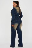Long Sleeve Denim Stretchy Button Betled Bell Bottom Jumpsuit