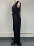 Fashion Elegant Jumpsuit with V-Neck Dot Mesh Long Sleeve Belted Straight Leg