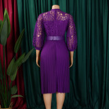 Solid Hollow Out Lace Bodice Pleated Dress with Belt