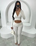 Casual Solid Sweater 2PCS Set Long-sleeved Zipper Crop Top and Pants