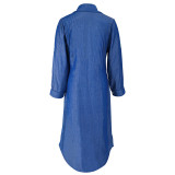 Fashion Denim Turndown Collar Button Full Sleeve Casual Long Dress