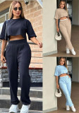 Round Neck short Sleeve Crop Top and Pants 2 piece set