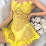 Sexy Straps Yellow Low Back See Through Lace Flower Night Dress