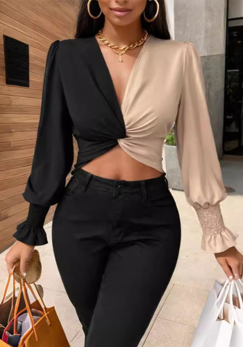 Color Block Patchwork V-neck Long sleeve Fashion Shirt