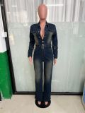 Long Sleeve Denim Stretchy Button Betled Bell Bottom Jumpsuit