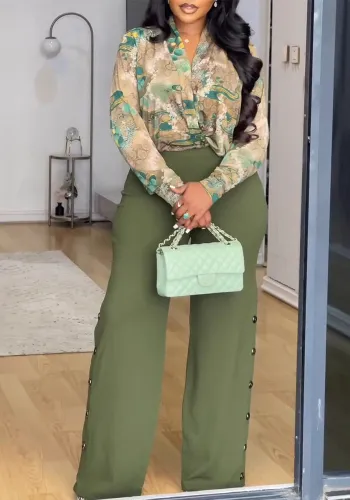 Printed V-neck Shirt + Wide-leg Green Pants 2PCS Set