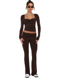 Solid Long Sleeve Crop Top and Flare Pants Casual Sports 2-piece Set