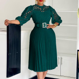 Solid Hollow Out Lace Bodice Pleated Dress with Belt