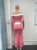 Sexy 2PCS Set Off Shoulder Solid Long Sleeve Contrast Crop Top and Skirt