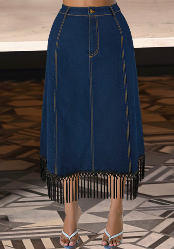 Plus Size Denim Tassel Button Stylish Midi Skirt