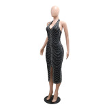 Rhinestone Sexy Low Back Slit Club Dress