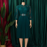 Solid Hollow Out Lace Bodice Pleated Dress with Belt