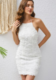 Sexy Halter Neck Backless Flower Slim White Dress