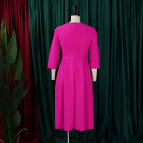 Elegant 3/4 Sleeve Solid Pleated Midi Dress