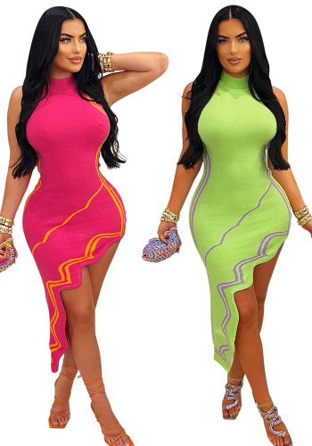 Sexy Sleeveless Print Mock Neck Irregular Dress