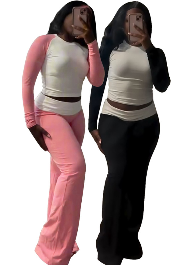 Contrast Color Crop Top High Waist Pants 2PCS Set