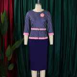 African Fashion Striped Chic OL Bodycon Belted Midi Dress