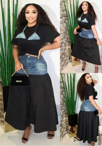 Fashion Denim Patchwork Contrast Color T-Shirt & Long Skirt 2-Piece Set