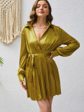 Solid V-Neck Belted Long Sleeve Pleated Shirt Dress