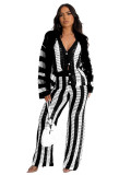 Streiped Sexy Long Sleeve Hollow Sweater 2PCS Set Knitting Cardigan + Pants