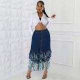 Plus Size Denim Splicing Tassel Long Skirt