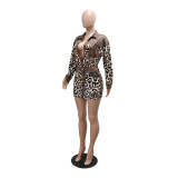 Leopard Print 2PCS Set Long Sleeve Button Turndown Collar Top and Bodycon Short Skirt(no pocket)