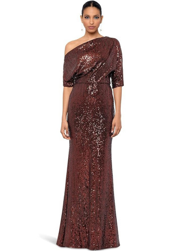 Sequin Slash Shoulder Half Sleeve Evening Dress
