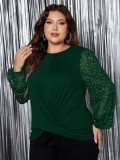 Plus Size Puff Sleeve Round Neck Long Sleeve Fashion Top