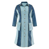 Plus Size Denim Contrast Patchwork Turndown Collar Button Full Sleeve Long Dress