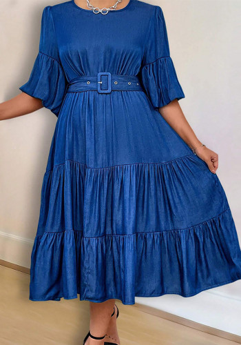 Plus Size Puff Sleeve Round Neck Ruffle Denim Dress