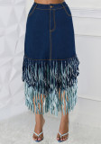 Plus Size Denim Splicing Tassel Long Skirt