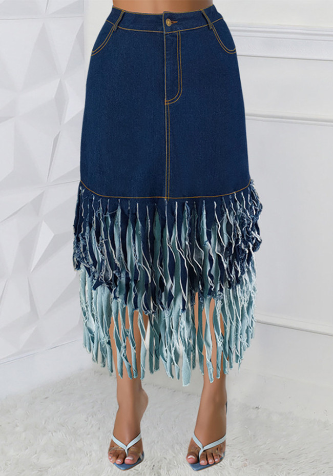 Plus Size Denim Splicing Tassel Long Skirt